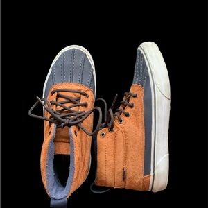 Vans Camel Suede and Blue Duck Boat Shoes with white soles. Men’s size 8
